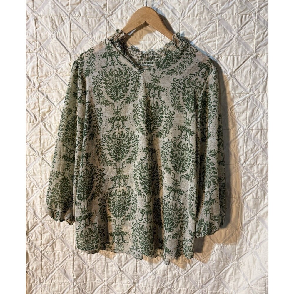 SHEIN Women's Green/White Floral High Neck Ruffle Long Sleeve Blouse 0XL